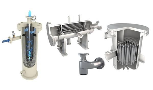 Exterran's Separon product portfolio (from left to right) Desander, Deoiling Hydrocyclone, Solids Transport System, and Desanding Hydrocyclone (Image: Exterran)