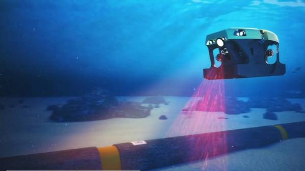 Figure 1: Illustration of subsea pipeline inspection using barcode tags integrated into a pipeline and an ROV. Source: Screenshot from an iXblue, Vallourec, Forssea Robotic video