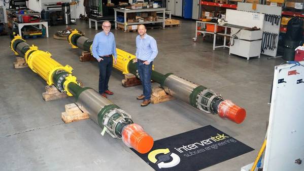 Gavin Cowie, Managing Director (L) and John Sangster, Technical Director (R) at Interventek, pictured with the company’s newly launched, API-17G qualified, subsea landing string. (Photo: Interventek)
