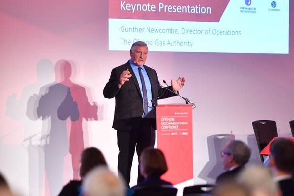 Gunther Newcombe, outgoing Operations Director at the Oil and Gas Authority addresses the Offshore Decommissioning Conference in St Andrews, Scotland (Photo: Oil and Gas UK)