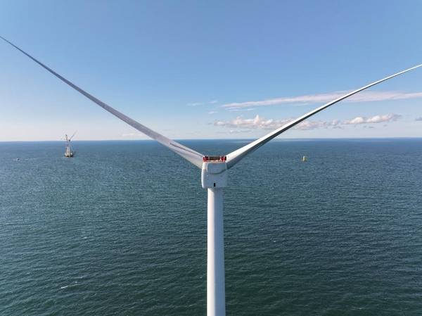 (A GE Haliade-X turbine stands in the Vineyard Wind 1 project area south of Martha’s Vineyard. (Photo: Worldview Films, courtesy Vineyard Offshore)