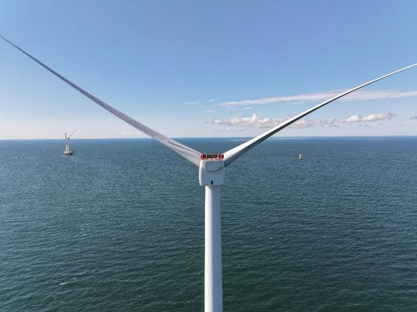 A GE Haliade-X Turbine Stands in the Vineyard Wind 1 Project Area South of Martha’s Vineyard. Photo Credit: Worldview Films