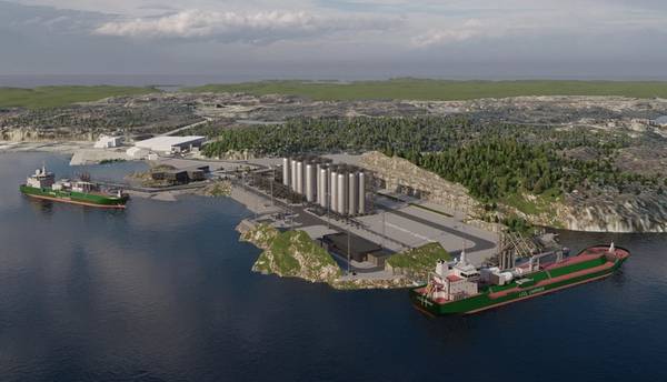 Illustration of what the expanded CO2 receiving terminal in the municipality of Øygarden in western Norway may look like. ©Northern Lights