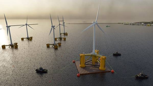 Illustration of floating offshore wind turbines, prior to deployment offshore.
Image courtesy of Blackfish Engineering, demonstrating innovative C-Dart and Tugdock solution for moving floaters and turbines from quay to marshalling area before being transported to offshore site. Via EMEC