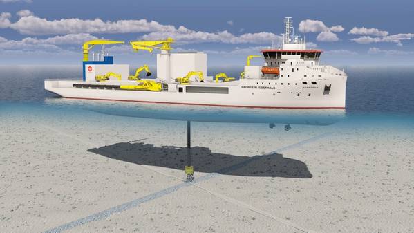 Illustration / 3D image of the next-generation rock installation vessel Jan De Nul ordered, showing the vessel installing rock on top of a subsea energy cable (Credit: Jan De Nul)
