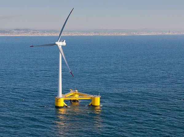 Illustration - A semi-submersible type floating offshore wind turbine foundation called the WindFloat. Credit: Untrakdrover/Wikimedia Commons - CC BY-SA 3.0