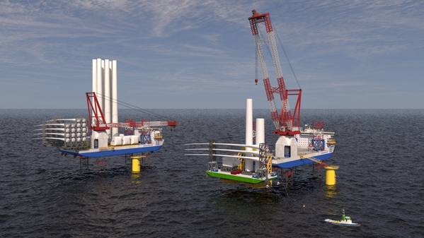 DNV issues an Approval in Principle to Friede and Goldman’s Windsetter 156 Class Wind Turbine Installation Vessel with Optional BargeRack Feeder Barge System design, pictured here with and without the optional system. Image courtesy of Friede and Goldman.