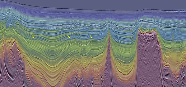 Least-squares Kirchhoff PSDM (LS-KPSDM) full stack seismic image overlaid with the 12Hz TL-FWI velocity model. In this example, the high-resolution LS-KPSDM image and geologically-conformal FWI model together clearly show flat spots (indicated by arrows) – DHI-supported leads highlighting potential hydrocarbon reservoirs (image courtesy of Viridien Earth Data).
