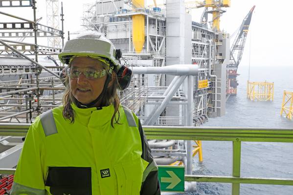 Margareth Øvrum at the Johan Sverdrup platform in Norway - Credit: Arne Reidar Mortensen/Equinor