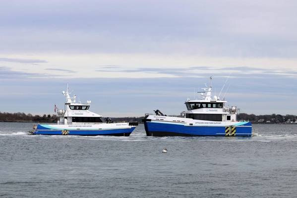 The offshore wind farm support vessels of Atlantic Wind Transfers, Atlantic Pioneer and Atlantic Endeavor, pictured together. (Photo: AWT)