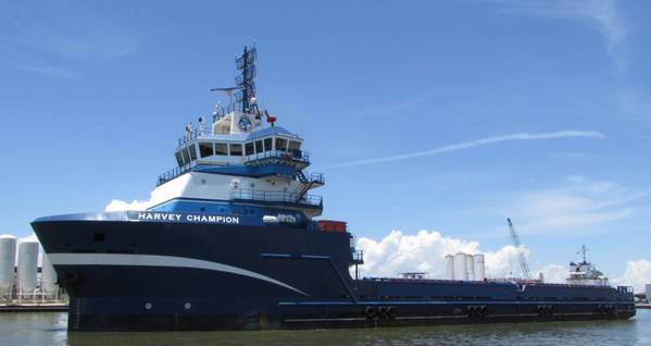 Just five out of the 1,664 OSVs operate on clean fuel technology in the U.S., and all of them are owned and operated by Harvey Gulf International Marine. Harvey Gulf’s ‘green fleet’ utilizes LNG and Bio-LNG as the main fuel sources. Pictured is Harvey Champion with Corvus Orca energy storage system. Image courtesy Harvey Gulf