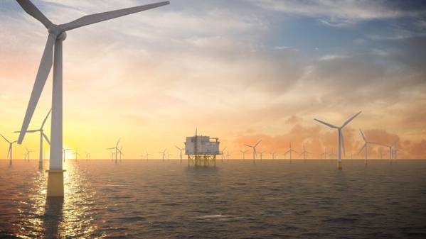 (Photo: Artistic illustration of wind turbines and a substation at Dogger Bank Wind Farm by Aibel) 