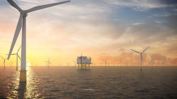 (Photo: Artistic illustration of wind turbines and a substation at Dogger Bank Wind Farm by Aibel)

 