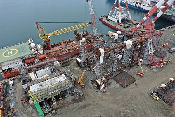 Photo from December 2020 shows the construction of the platform for BSOG's Midia project in the Romanian Black Sea - Credit: BSOG