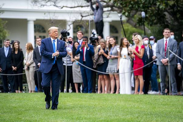 President Donald J. Trump walks across the South Lawn of the White House Thursday, Sept. 24, 2020, to board Marine One en route to Joint Base Andrews, Md. to begin his trip to North Carolina and Florida. (Official White House Photo by Tia Dufour)