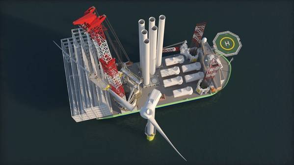 Render of OHT's Offshore Wind Turbine Installation Vessel - Credit: OHT