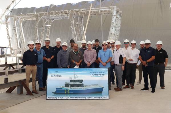Representatives from USCG, St. Johns Ship Building, Americraft Marine, Atlantic Wind Transfers, Chartwell Marine, EMS, BEE, MAN Engines, Hamilton Waterjets and ZF participated in a keel laying ceremony at St. Johns Ship Building in Palatka, Fla. (Photo: Chartwell Marine)