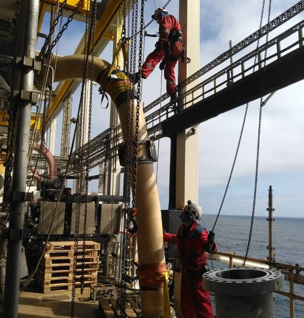 Rigging of a pipe spool during riser replacement work on Snorre B in 2024 (Credit: Axess Technologies)