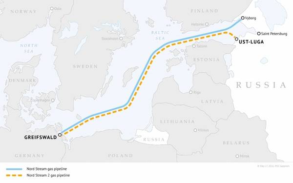 Route map of Nord Stream and Nord Stream 2 gas pipelines - Credit: Gazprom