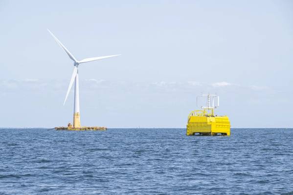 Sealhyfe offshore hydrogen production system next to floating wind turbine (Credit: Lhyfe)