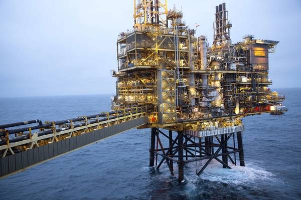 Shearwater Platform with walkway leading to wellhead jacket. Off the coast of Aberdeen, Scotland - Credit: Stuart Conway/Shell