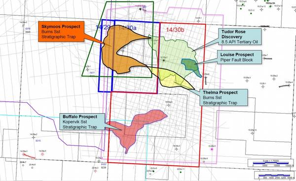 Map showing prospectivity in Block 14/30b and proximity to Skymoos Prospect (Image: Talon)