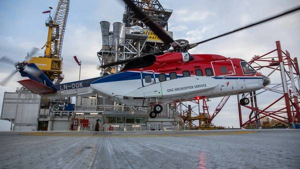 Sikorsky S-92 helicopter at the Gina Krog field in the North Sea. (Photo Øyvind Gravås - Woldcam  Equinor ASA)