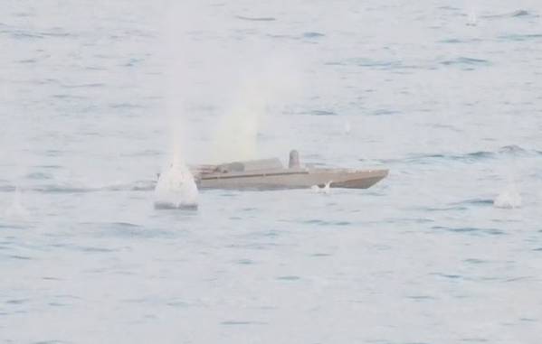 A still image from a video, released by Russia's Defence Ministry, shows what it said to be the Ukrainian drone boat attacking the Russian warship Priazovye in the Black Sea in this image taken from handout footage released June 11, 2023. (Photo: Russian Defense Ministry)