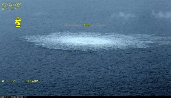 The Nord Stream Gas Leak in the Baltic Sea Photographed form Swedish Coast Guard Aircraft on September 27, 2022 - Credit: Swedish Coast Guard