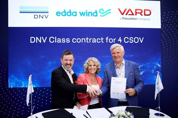 L to R: Torgeir Haugan, Senior Vice President, Vard Singapore Pte.,Tuva Flagstad-Andersen, Regional Manager, Region North Europe at DNV, and Kenneth Walland, CEO Edda Wind. (Photo: DNV)
