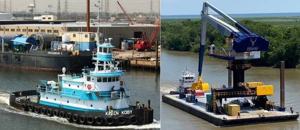 The towing vessel Karen Koby (left) and crane barge Ambition (right) are pictured before the capsizing and sinking. (Credit: LA Carriers (left) and Rigid Constructors (right))