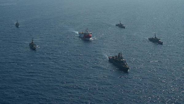 Turkish Navy vessels escorting the Oruc Reis seismic vessel - Credit: Turkish Defense Ministry