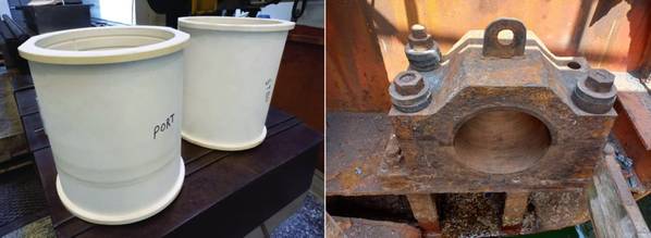 AHTS Vessel ES Kestrel replaced its existing stern roller bearings (right) with Thordon’s grease-free SXL bearings while the vessel remained afloat and operational (Credit: Thordon Bearings)