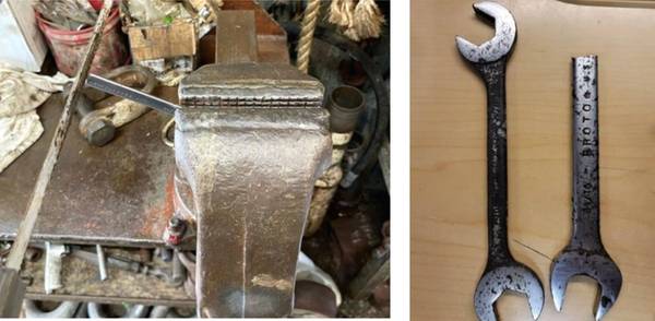 /Left) Wrench in vise with hacksaw.  
(Right) Modified wrench. Credit: BSEE