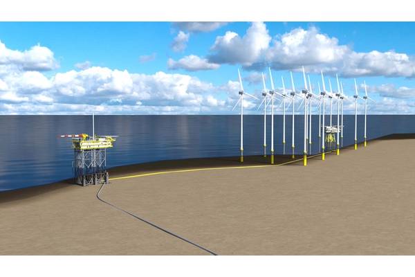 Artist impression of platform N05-A and the connection to windfarm Riffgat. Image courtesy Liebherr
