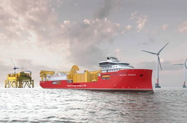 Artist’s illustration of Nexans Aurora cable-laying vessel at an offshore windfarm. Credit: Nexans