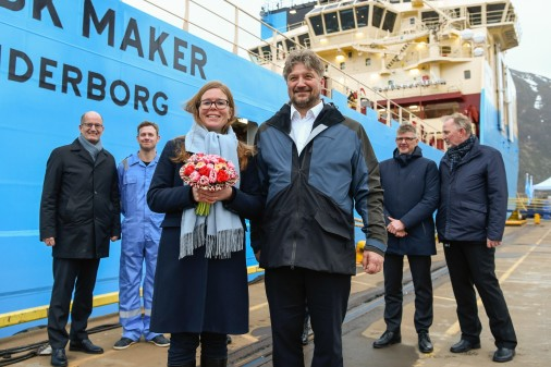 Godmother Rikke Eskjær and Olav Nakken, CEO of Kleven verft A/S after naming sereminy and delivery of Mærsk Maker. Photo: Olav Thokle - Fotomaritim