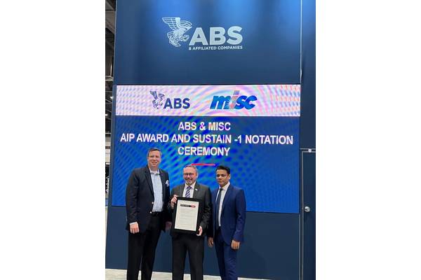 Matthew Tremblay, VP, Global Offshore Markets, ABS, presents the AIP for the MISC MMEGA FPSO at OTC 2023 - Credit Greg Trauthwein