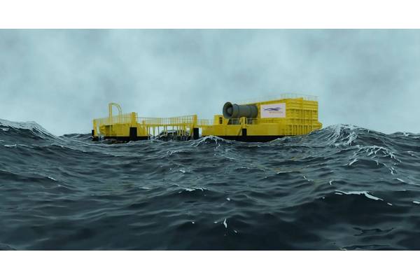 Render of WEDUSEA OceanEnergy OE35 wave energy device, due to launch in UK in summer 2025 (Credit: OceanEnergy)