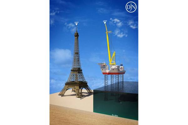 When the Voltaire has its legs fully extended and the crane at full height, it will measure 325 meters tall – taller than the Eiffel Tower. Image source: Jan De Nul