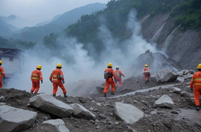 Chinese rescuers use explosives for clearing boulders that trap landslide victims